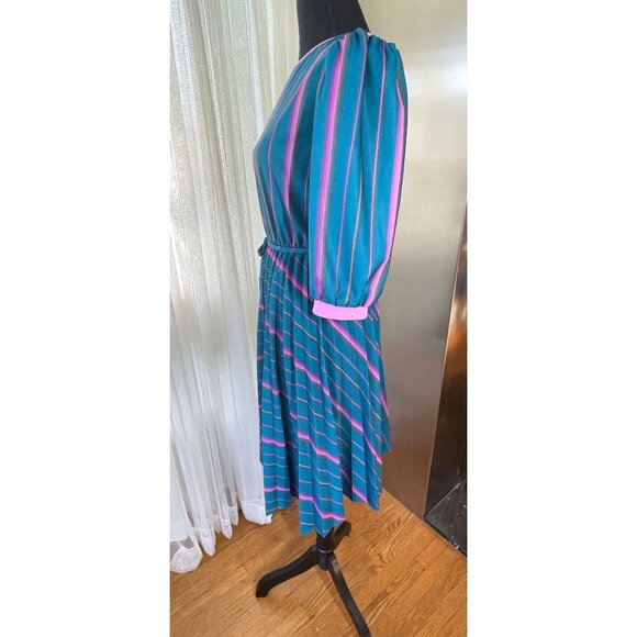 Vintage 80s dress, turquoise and pink stripes, long sleeves, pleated skirt - Picture 3 of 10